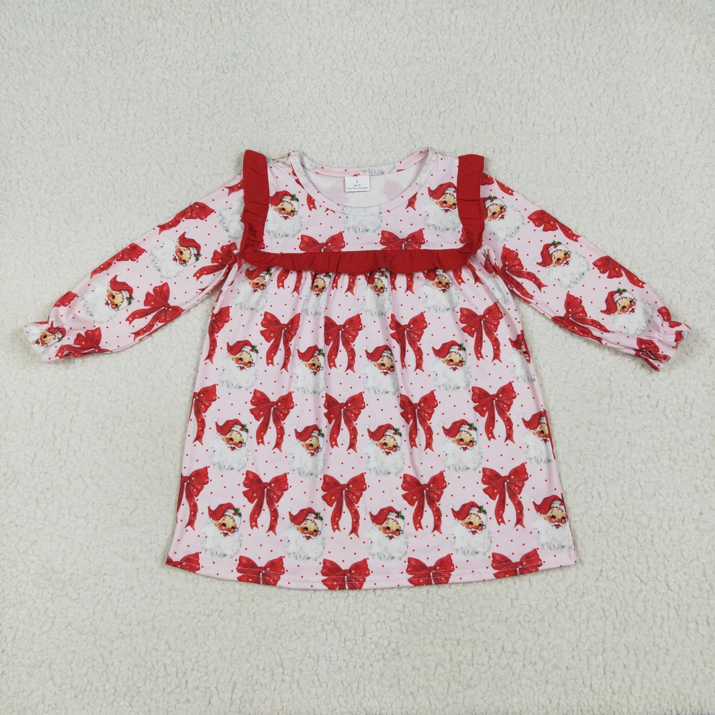 Baby Girl Long Sleeves Santa Red Bows Knee Length Christmas Ruffle Dress RTS