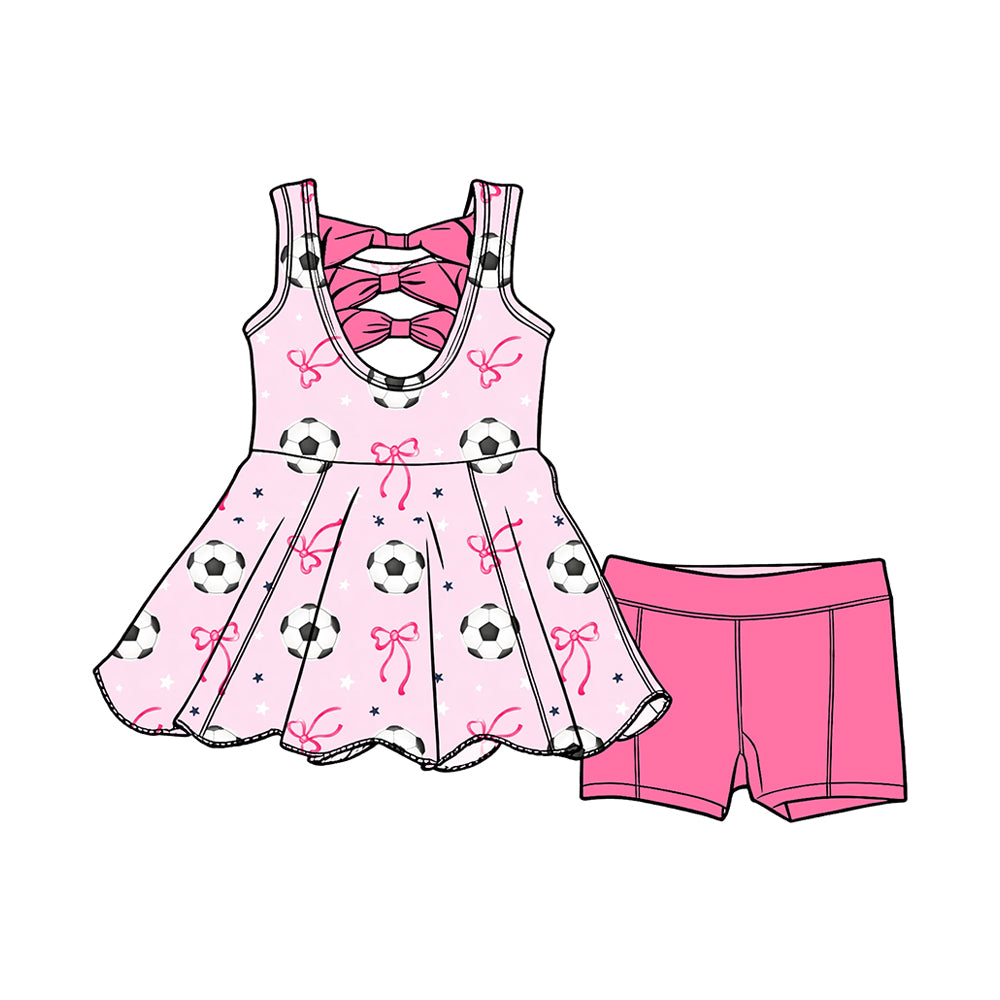 ( Moq 5 ) Preorder Baby Girls Kids Soccer Pink Bows Tunic Shorts Set Summer Clothes