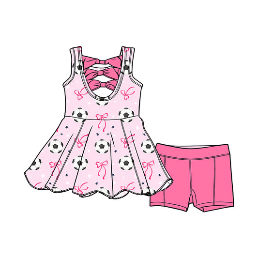 ( Moq 5 ) Preorder Baby Girls Kids Soccer Pink Bows Tunic Shorts Set Summer Clothes