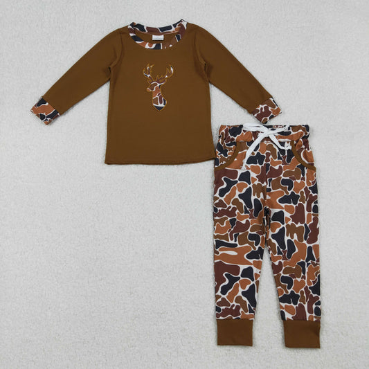 Baby Boy Brown Long Sleeves Embroidery Deer Shirt Pockets Camo Pants Set RTS