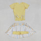 Baby Girl Short Sleeves Embroidery Bows Yellow Shirt Flower Skirt Shorts Skorts Clothes Set