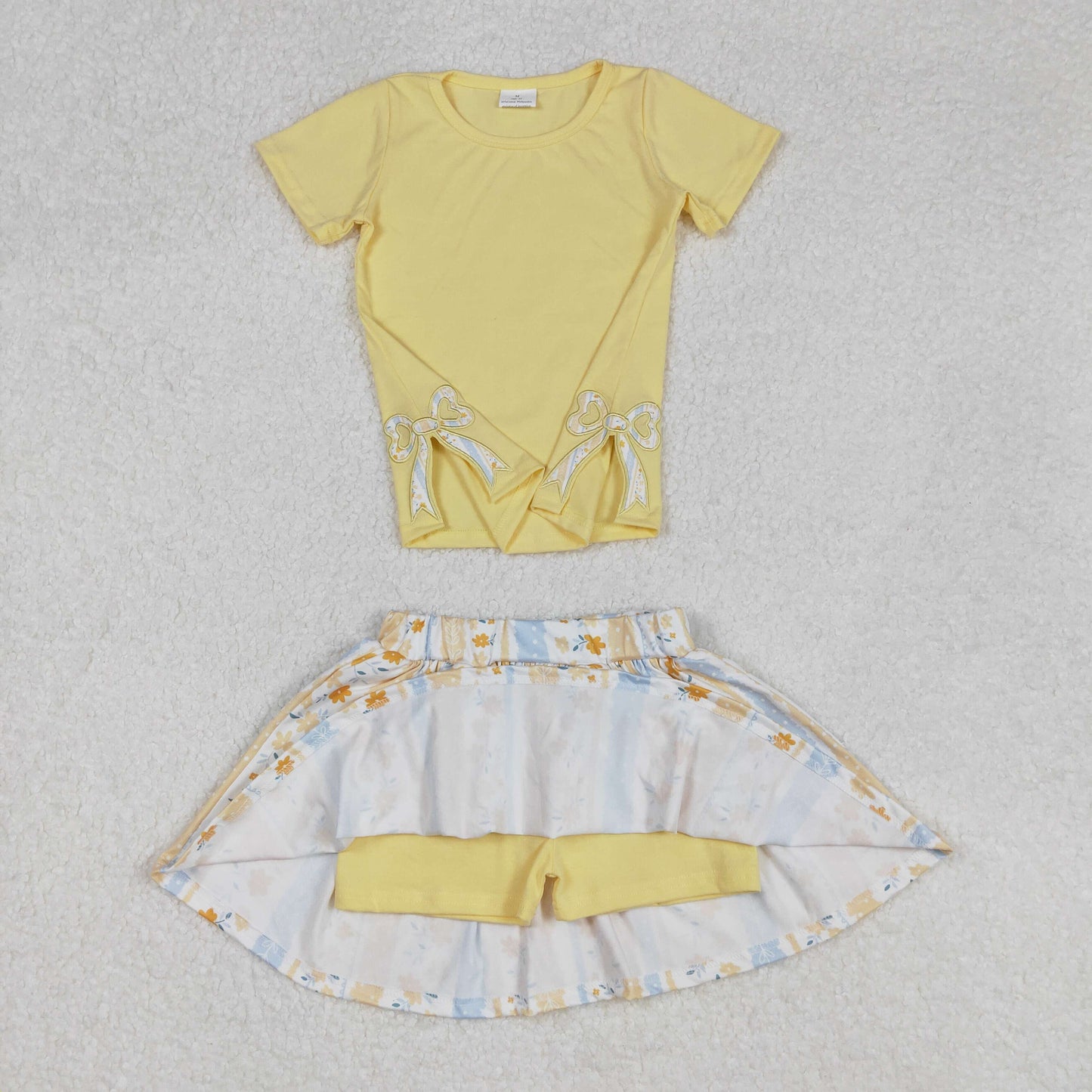Baby Girl Short Sleeves Embroidery Bows Yellow Shirt Flower Skirt Shorts Skorts Clothes Set