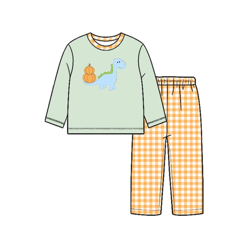 ( Moq 5 ) Preorder Baby Boy Kids Pumpkins Dinosaur Shirt Plaid Pants Thanksgiving Set Clothes