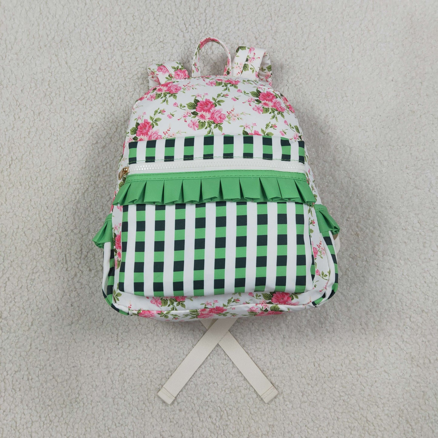 Baby Girls Kids Flower Green Plaid Ruffle Backpack Bags RTS