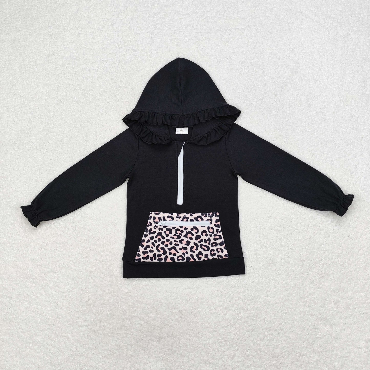 Baby Girl Long Sleeves Black Ruffle Hooded Leopard Pocket Shirt Tops