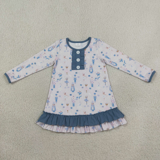 Baby Girls Kids Long Sleeves Christmas Soldier Blue Ruffle Dress RTS
