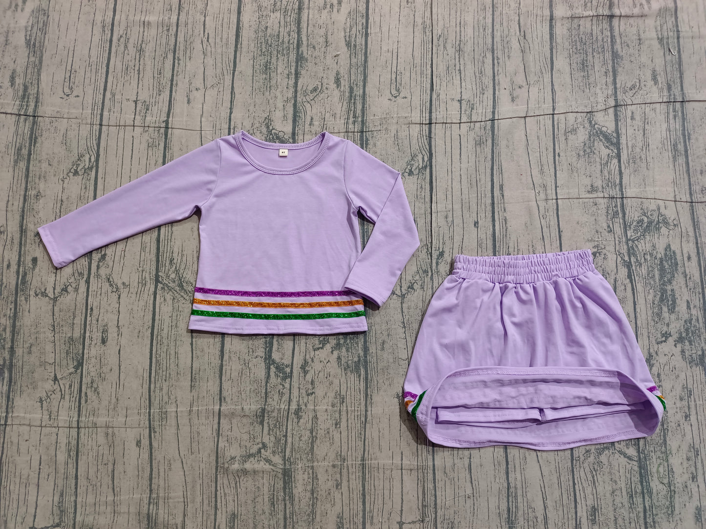 Baby Girls Long Sleeves Stripes Shirt Shorts Skirt Mardi Gras Purple Clothes Set RTS