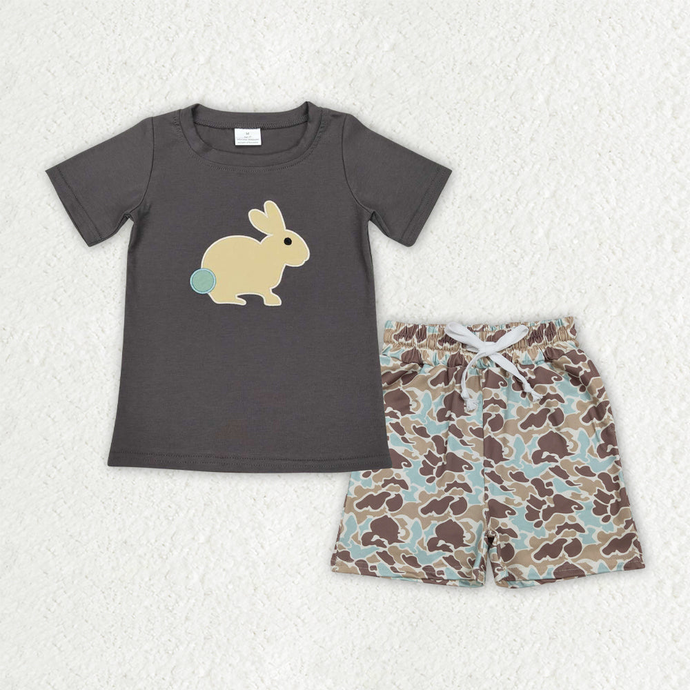 Baby Boys Kids Short Sleeves Embroidery Rabbit Shirt Pockets Pockets Shorts Easter Set RTS