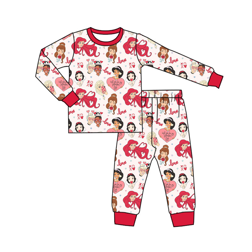 Baby Girl Long Sleeves Valentines Princess Shirt Pants Pajamas Clothes Set Moq 5