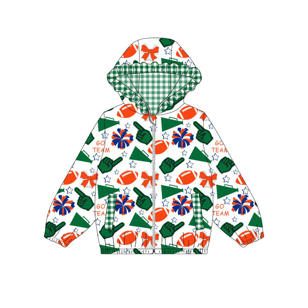 ( Moq 5 ) Baby Girls Kids Bows Cheer Pockets Team Green Plaid Hoodie Zipper Football Jacket Tops