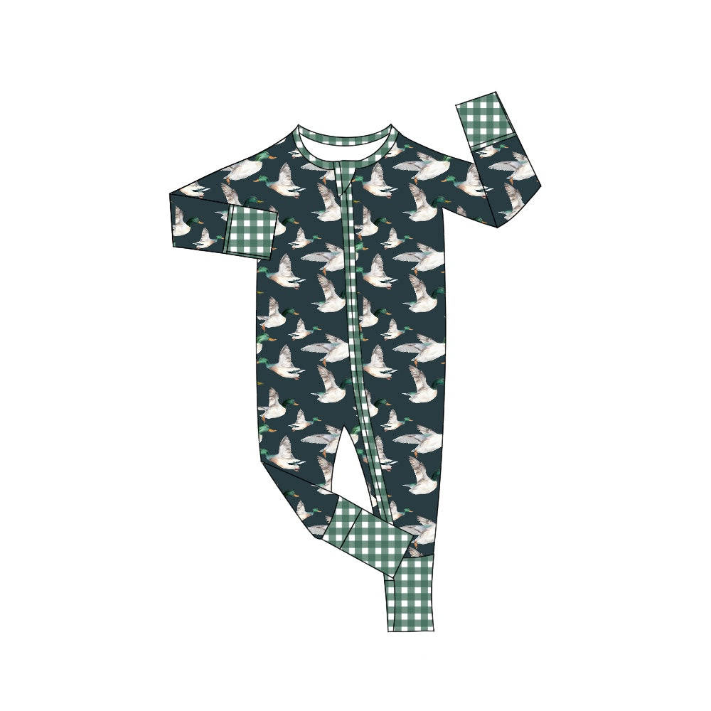 Moq 5 Baby Boys Duck Green Checkered Long Sleeve Romper