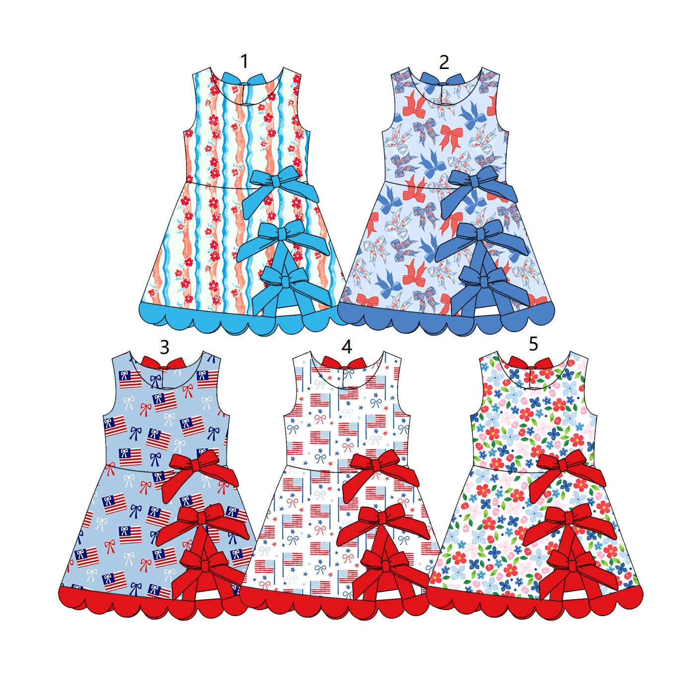 ( Moq 30 Each Style ) Sibling Baby Girls Kids Sleeveless Flower Flags Bows 4th of July Dresses