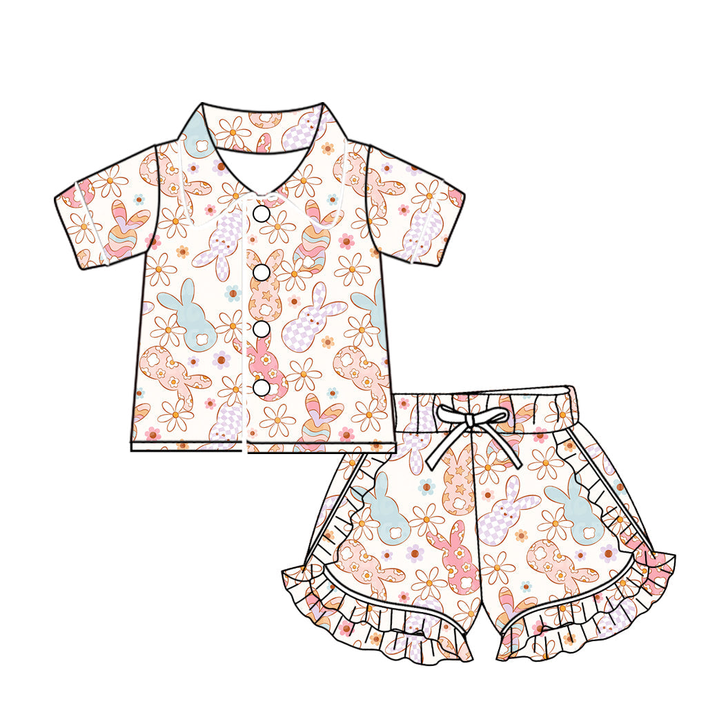 Baby Girl Easter Rabbit Flower Buttons Shirt Ruffle Shorts Pajamas Set Moq 5