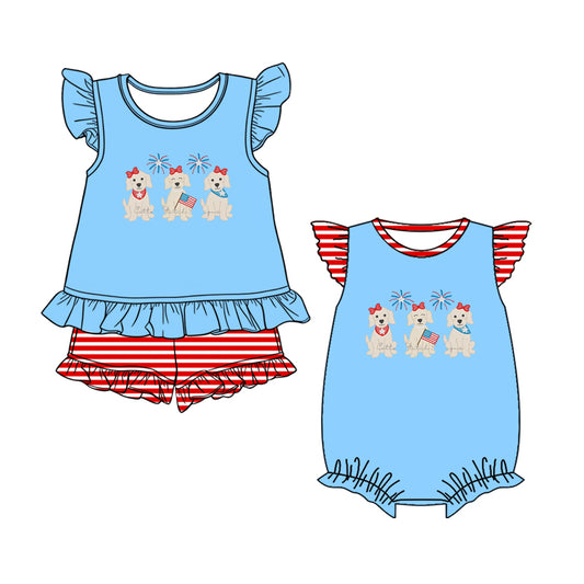 ( Moq 5 Each Style ) Baby Girls Kids 4th of July Dogs Flags Sibling Summer Romper Set
