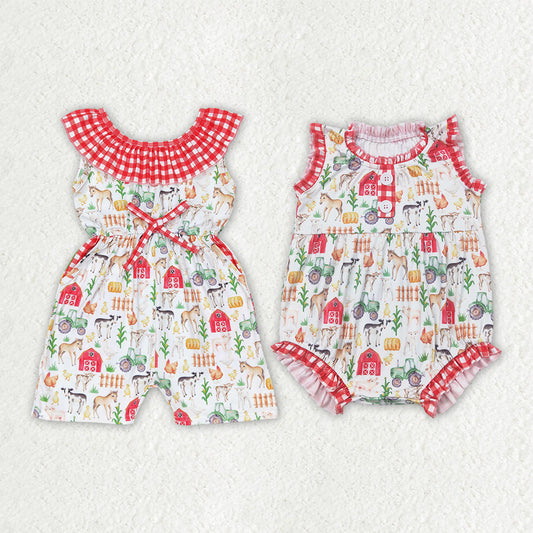 Baby Girl Toddle Farm Animals Ruffle Plaid Sibling Summer Romper Jumpsuit RTS