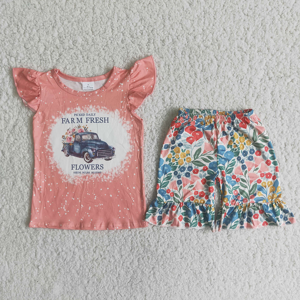 Promotion Baby Girl Farm Fresh Truck Shirt Flower Short Set