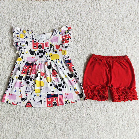 Promotion Baby Girl Farm Print Tunic Red Ruffle Cotton Shorts Summer Set