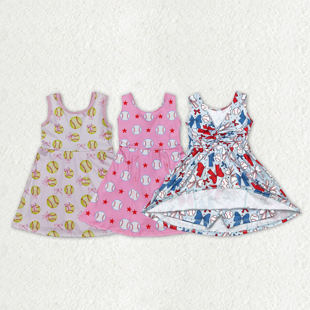 Sibling Baby Girls Kids Softballs Baseballs Yoga Active Shorts Knee Length Dresses RTS