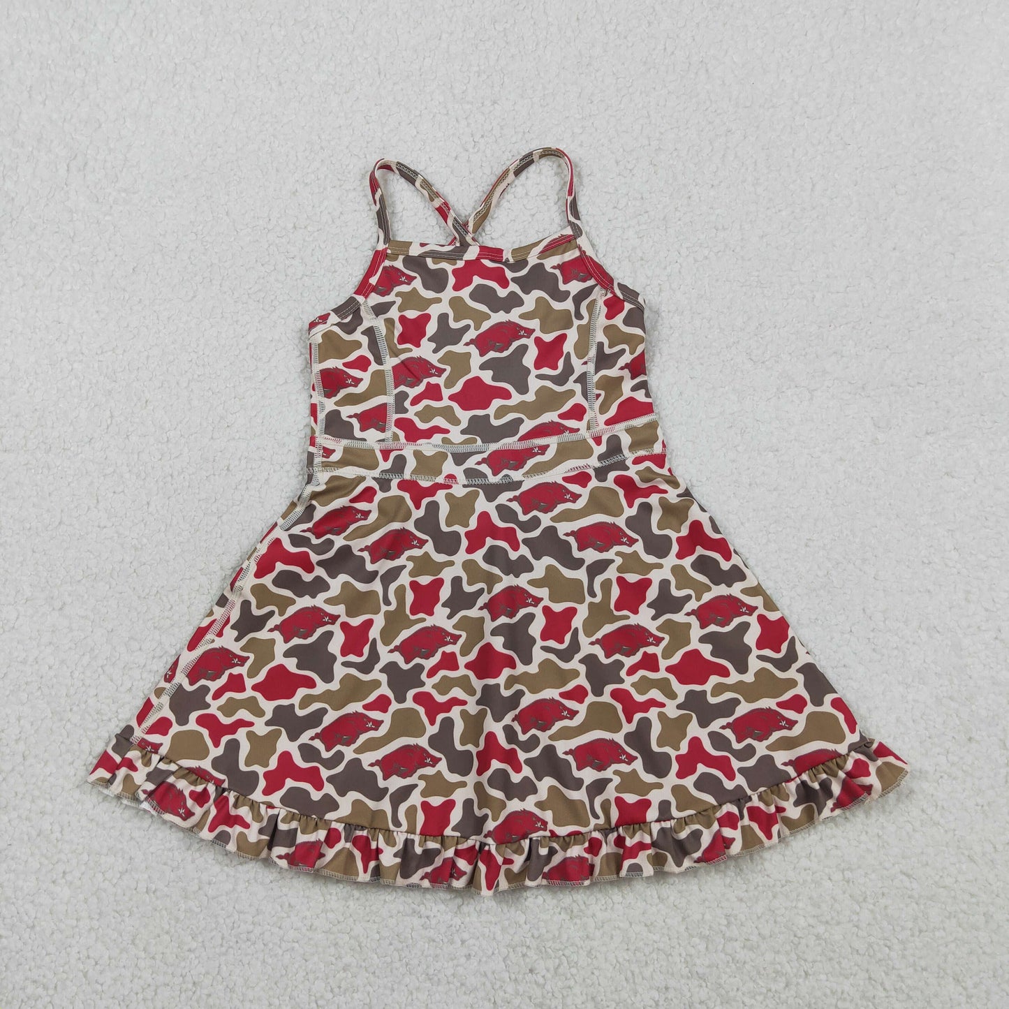 Baby Girls Kids Straps Pigs Camo Print Team Yoga Ruffle Knee Length Dress RTS