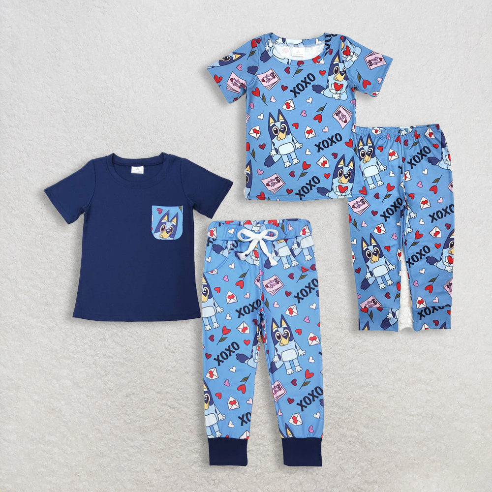 Sibling Baby Boys Short Sleeves Hearts Dogs Valentine Blue Sets Clothes RTS
