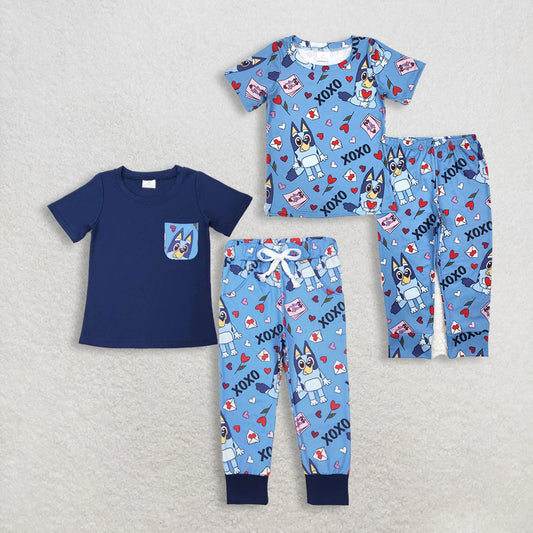Sibling Baby Boys Short Sleeves Hearts Dogs Valentine Blue Sets Clothes RTS