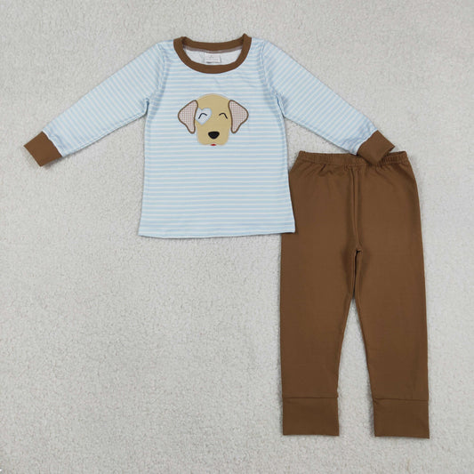 Baby Boys Kids Embroidery Dog Heart Stripes Shirt Pants Valentine's Day Pajamas Set RTS