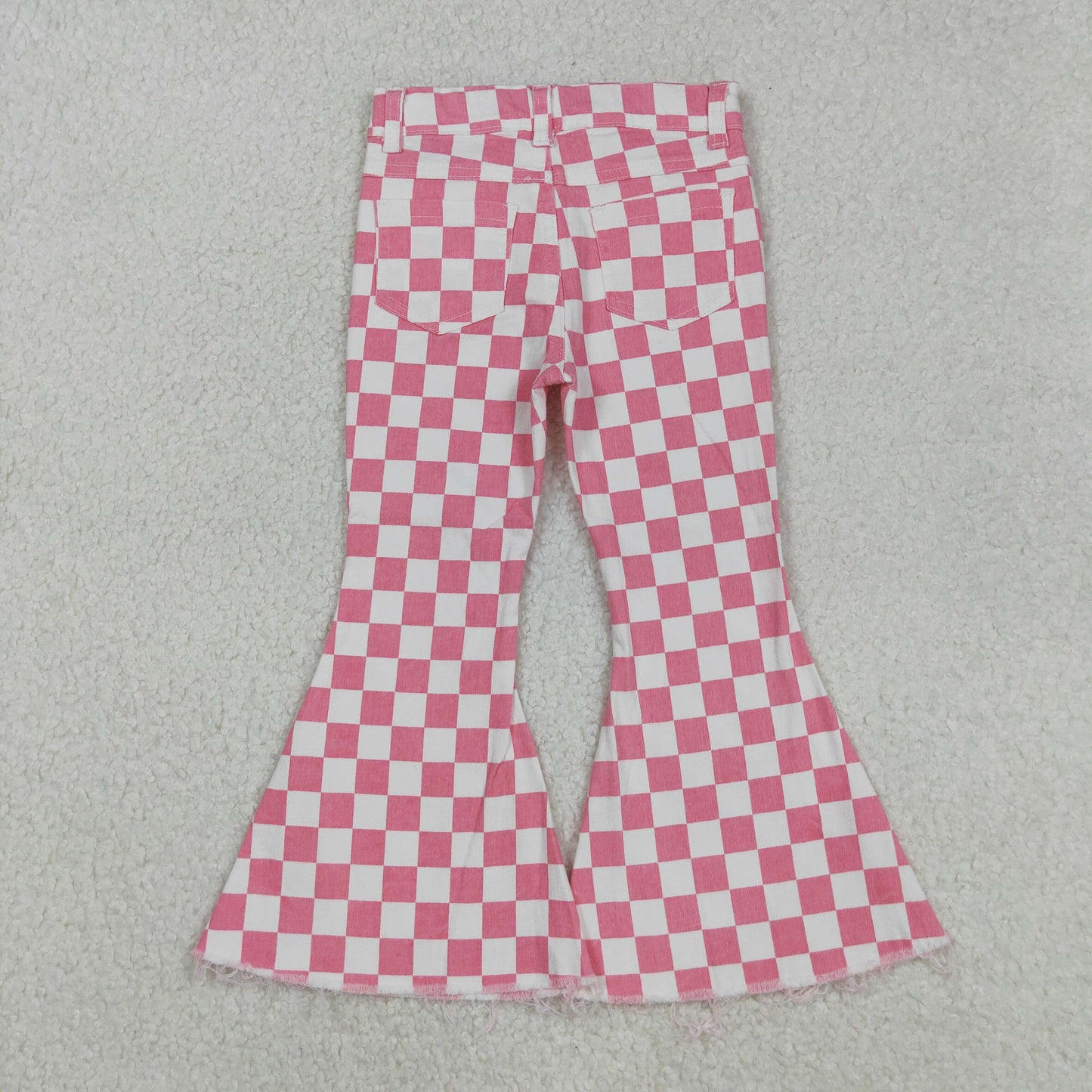 Girls Kids Pink Checkered Denim Jeans Bell Pants RTS
