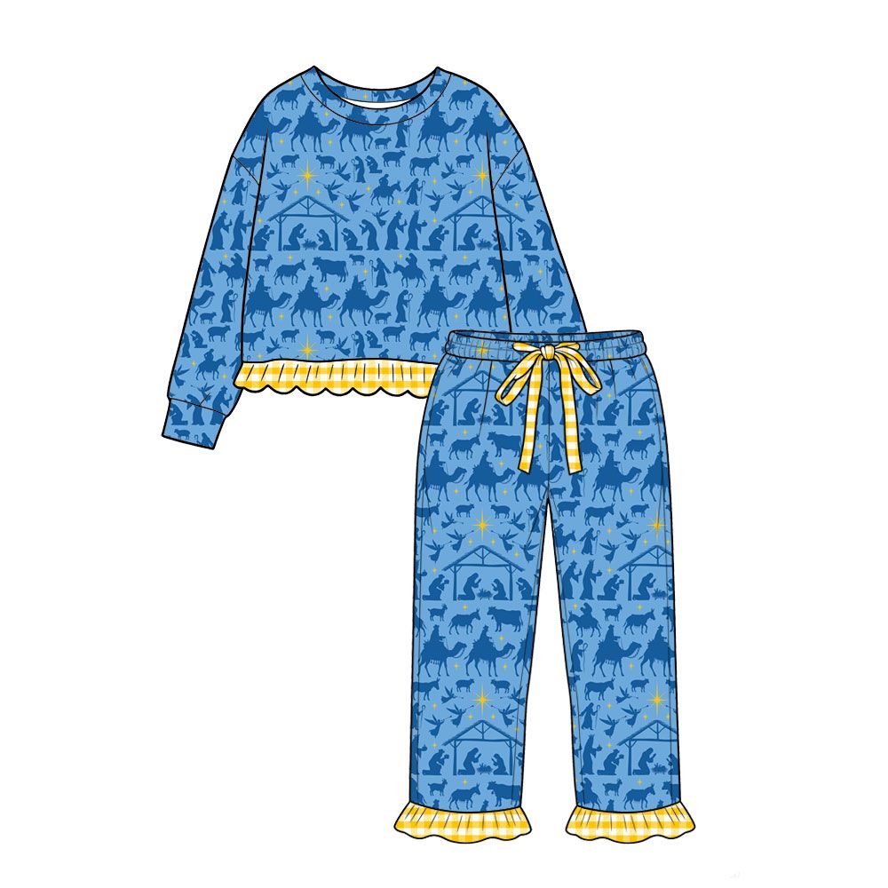 ( Moq 5 ) Preorder Baby Girls Kids Nativity Blue Shirt Pants Set Christmas Pajamas Clothes