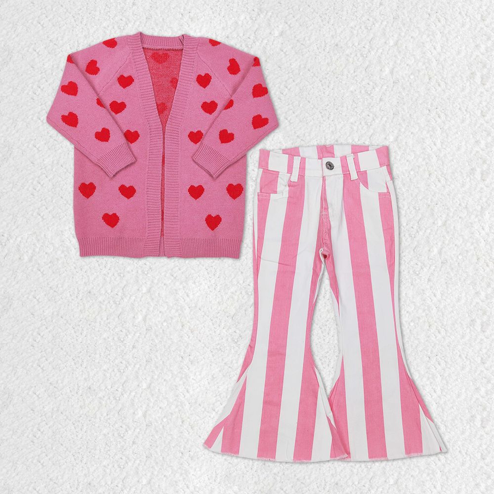 GLP1144 Baby Girl Valentine's Day Hearts Sweater Pink Stripes Denim Pants Set