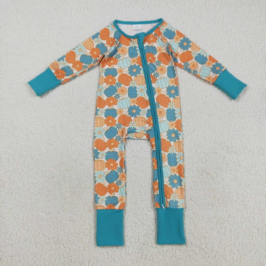 Baby Girl Long Sleeves Pumpkins Flower Zipper Fall Romper RTS