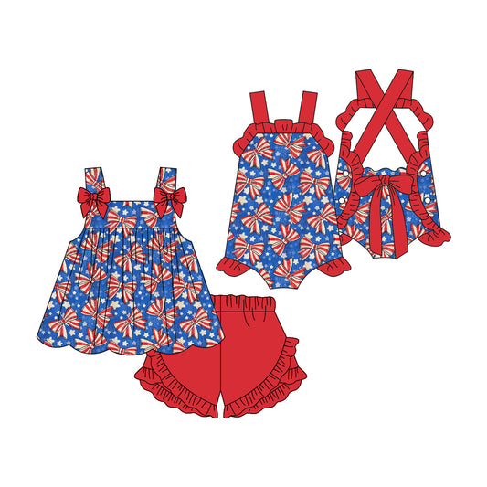 ( Moq 5 Each Style ) Sibling Baby Girls Kids Bows Stars 4th of July Tops Shorts Summer Set Romper