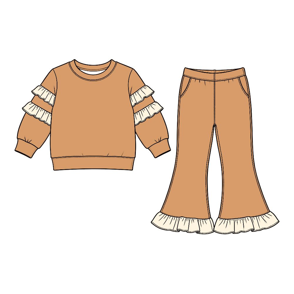( Moq 5 ) Preorder Baby Girls Kids Ruffle Long Sleeves Shirt Pockets Pants Cotton Set Khaki Clothes