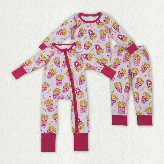 Sibling Baby Girls Long Sleeves Chips Hearts Valentine Zipper Romper Pajamas Pink Set RTS