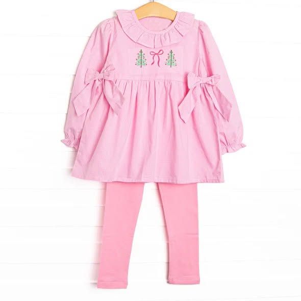 ( Moq 5 ) Preorder Baby Girl Kids Long Sleeves Christmas Tee Bows Tunic Pink Pants Set Clothes