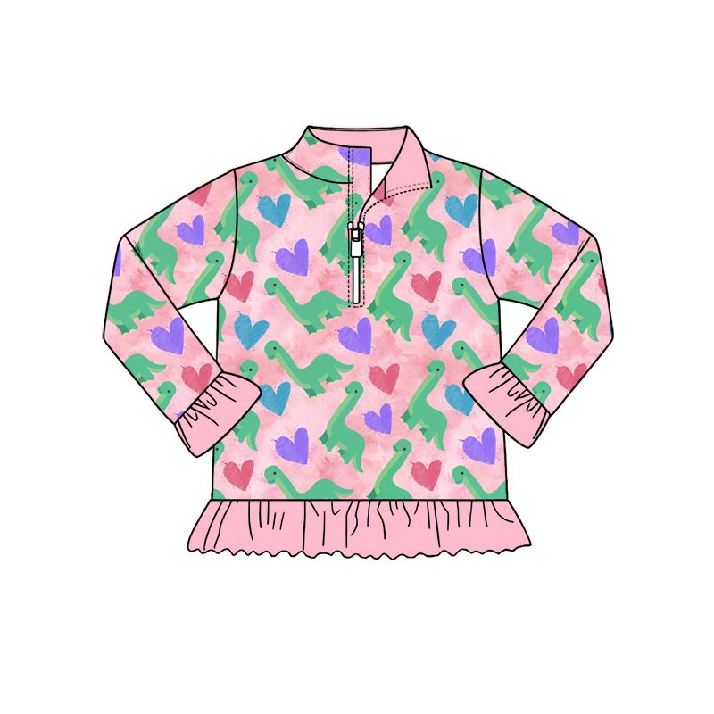 ( Moq 5 ) Preorder Baby Girls Kids Long Sleeves Dinosaurs Hearts Zipper Shirt Valentine Clothes