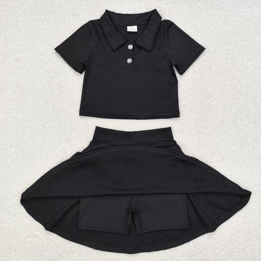 Baby Girl Short Sleeves Black Buttons Shirt Skirt Sports Yoga Set