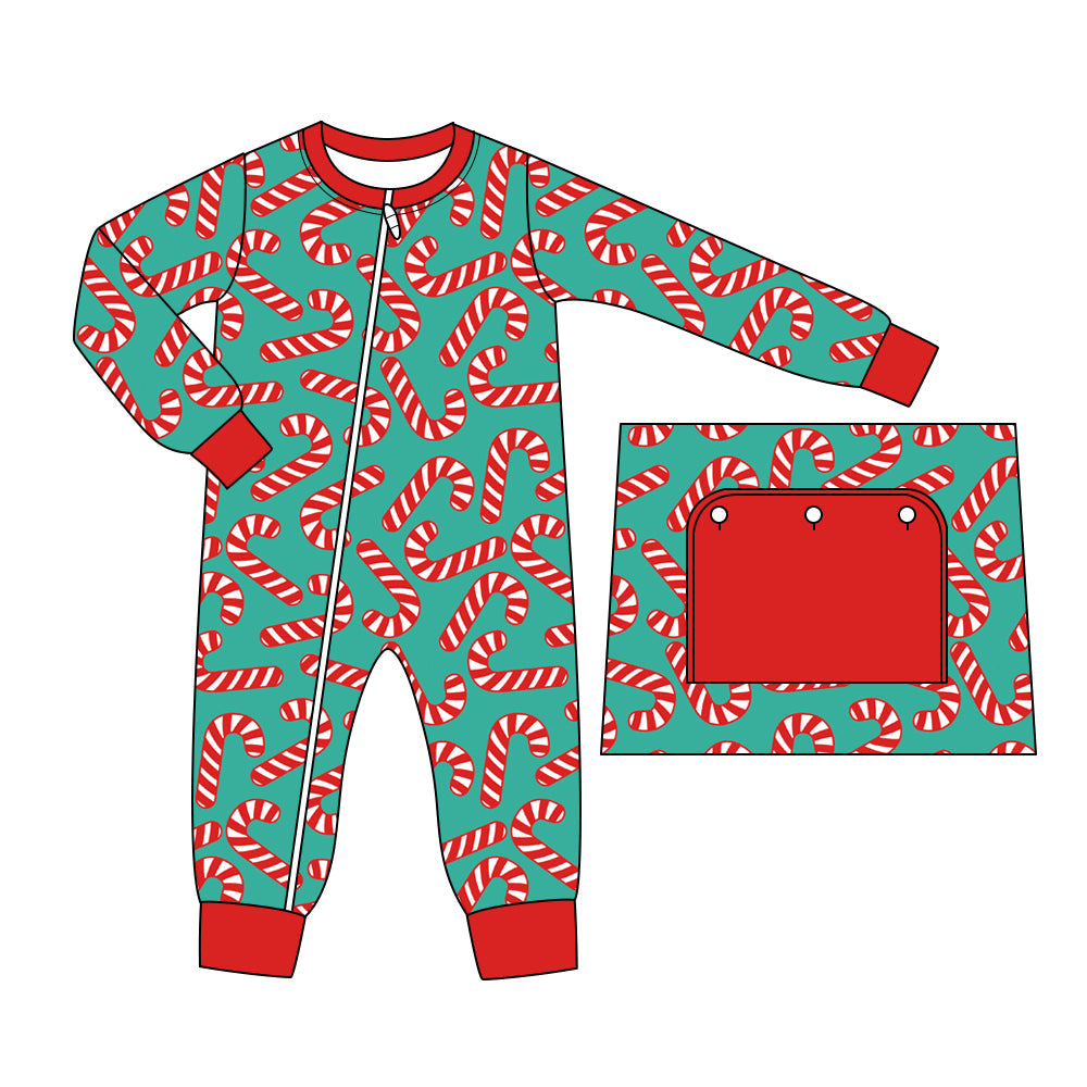 Baby Boy Christmas Candy Cane Zipper Long Sleeves Romper