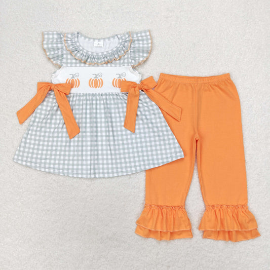 Baby Girl Short Sleeves Pumpkin Plaid Tops Orange Pants Set