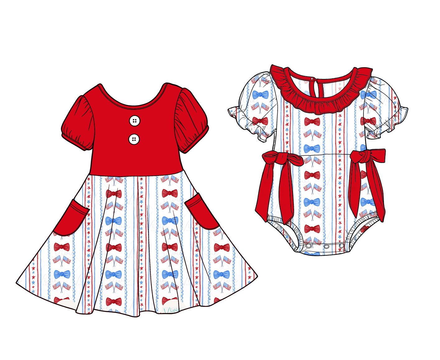 ( Moq 5 Each Style ) Baby Girls Kids Short Sleeves Bows Flags Sibling 4th of July Romper Dress