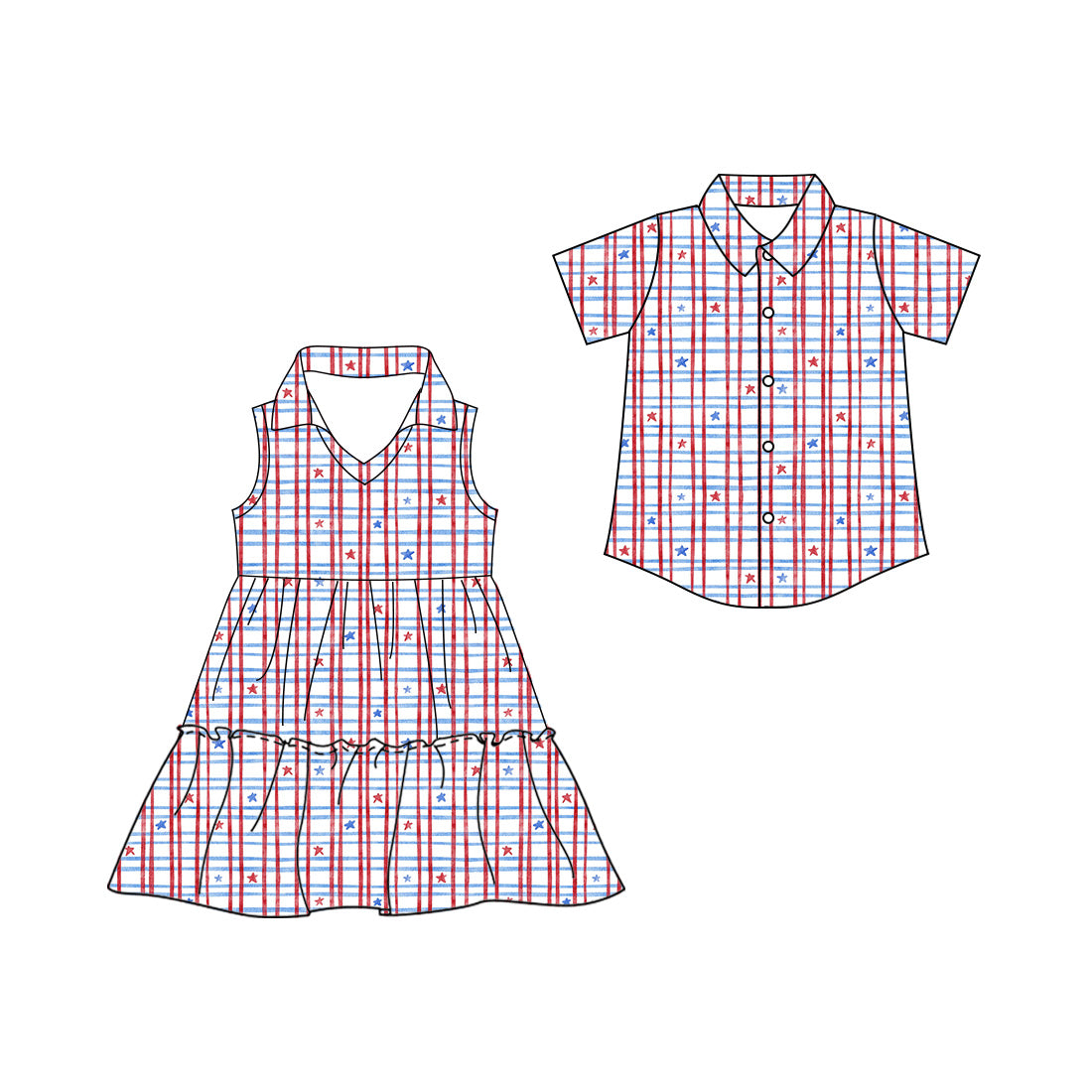( Moq 5 Each Style ) Sibling Baby Boys Girls Kids Stars Plaid 4th of July Shirt Dress Clothes