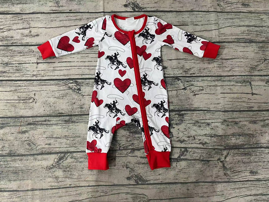 No Moq Pre-order LR0903 Baby Boy Valentine's Day Long Sleeves Rodeo Hearts Zipper One Piece Romper