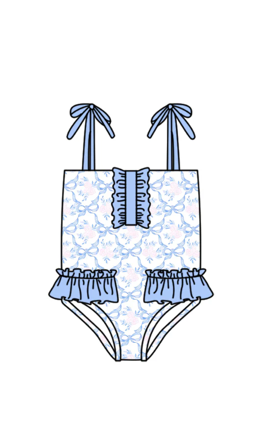 ( Moq 5 ) Preorder Baby Girls Kids Sleeveless Flower Blue Bows Summer One-piece Swimsuit