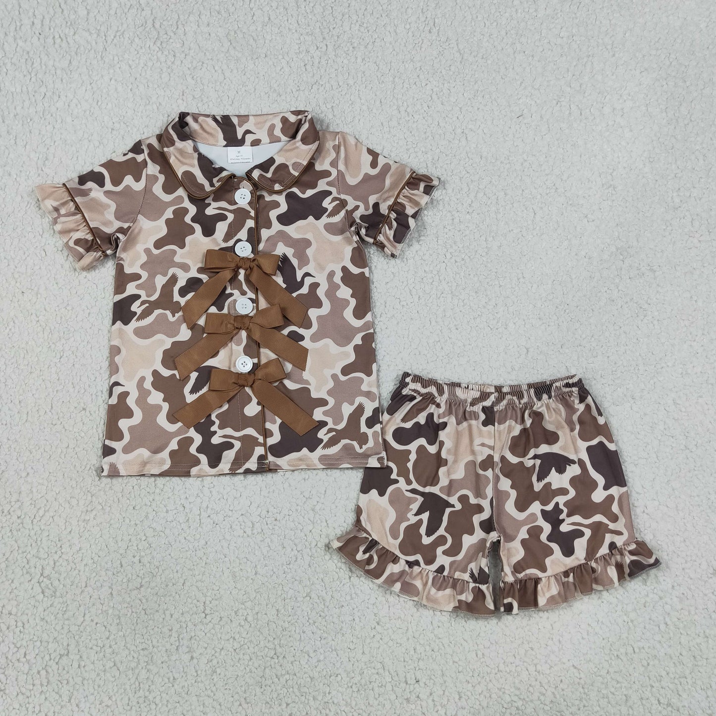 Baby Girls Kids Brown Camo Ducks Bows Buttons Shirt Ruffle Shorts Hunting Pajamas Set RTS