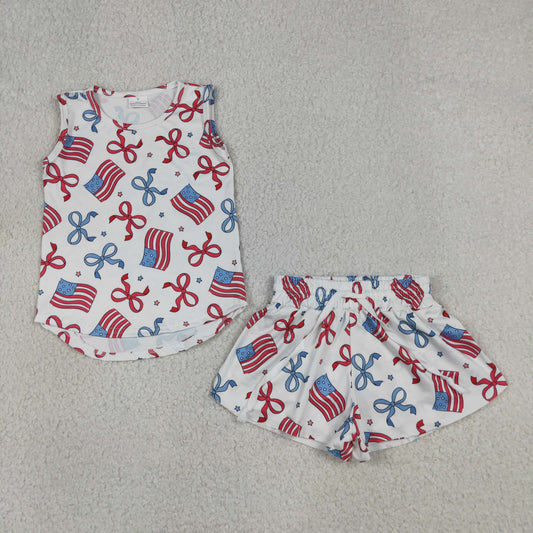 Baby Girls Kids Sleeveless Tops Bows Stars Flags Shorts Set 4th of July Clothes RTS