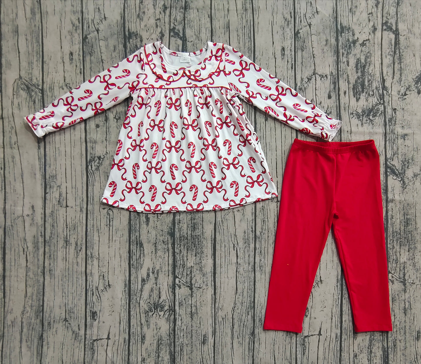 Baby Girl Long Sleeves Bows Candy Cane Tunic Red Pants Christmas Set RTS