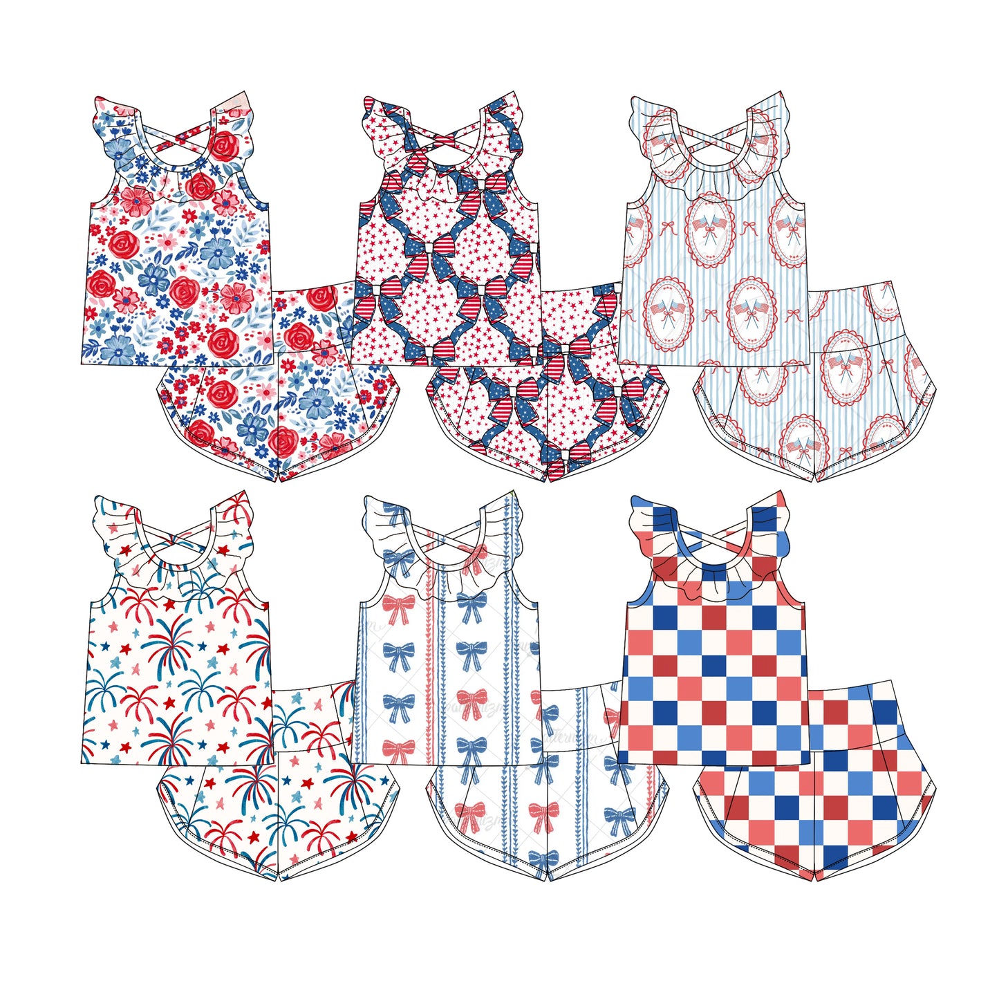 ( Moq 5 Each Style ) Sibling Baby Girls Kids 4th of July Bows Flower Shirt Shorts Sets Summer Clothes