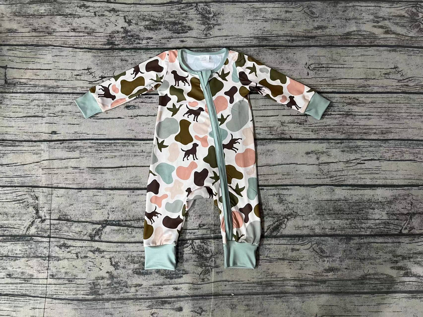 Baby Boy Long Sleeves Camo Dogs Duck Zipper Bamboo Romper