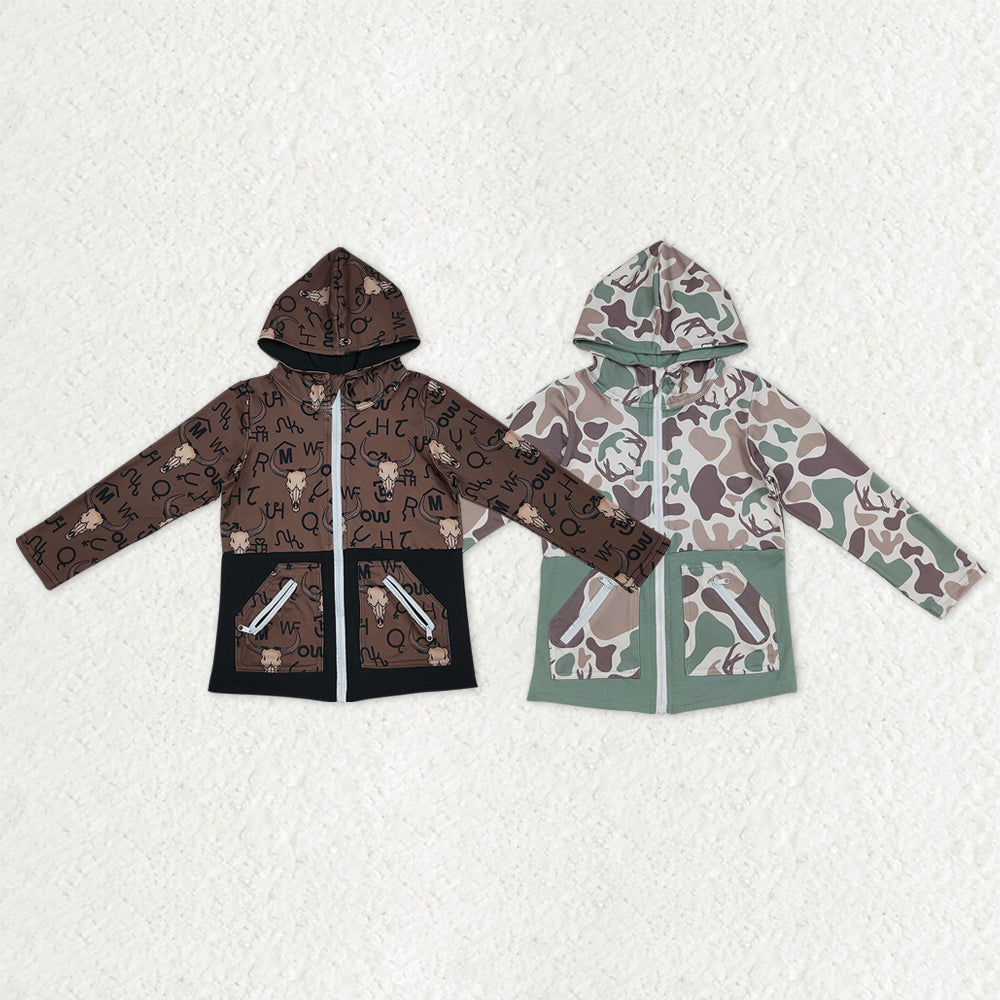 Sibling Kids Boy Long Sleeves Cow Aztec Camo Print Hoodie Zipper Pockets Shirts RTS