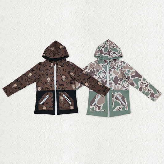 Sibling Kids Boy Long Sleeves Cow Aztec Camo Print Hoodie Zipper Pockets Shirts RTS