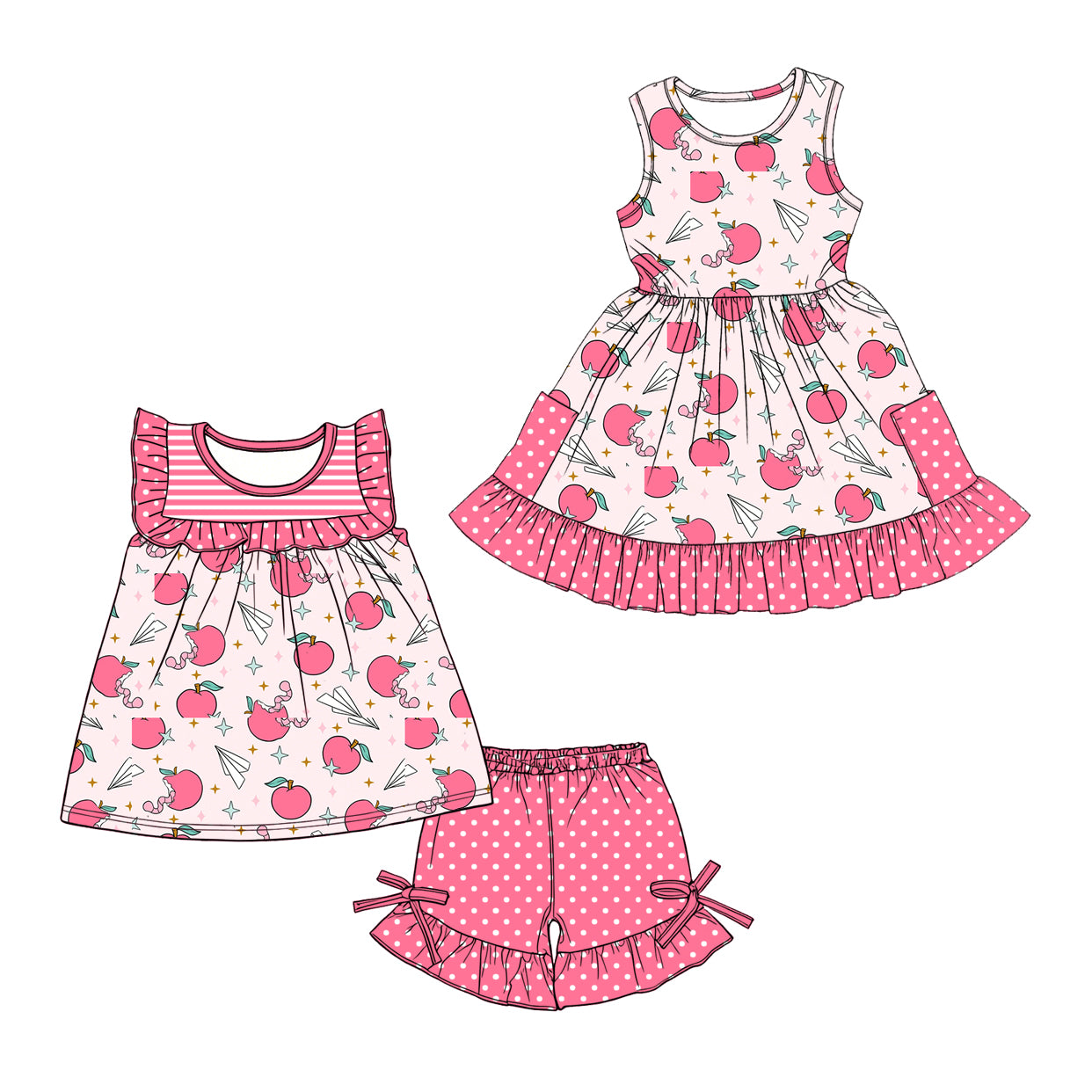 ( Moq 5 Each Style ) Baby Girls Kids Apple Sibling Back to School Dress Set